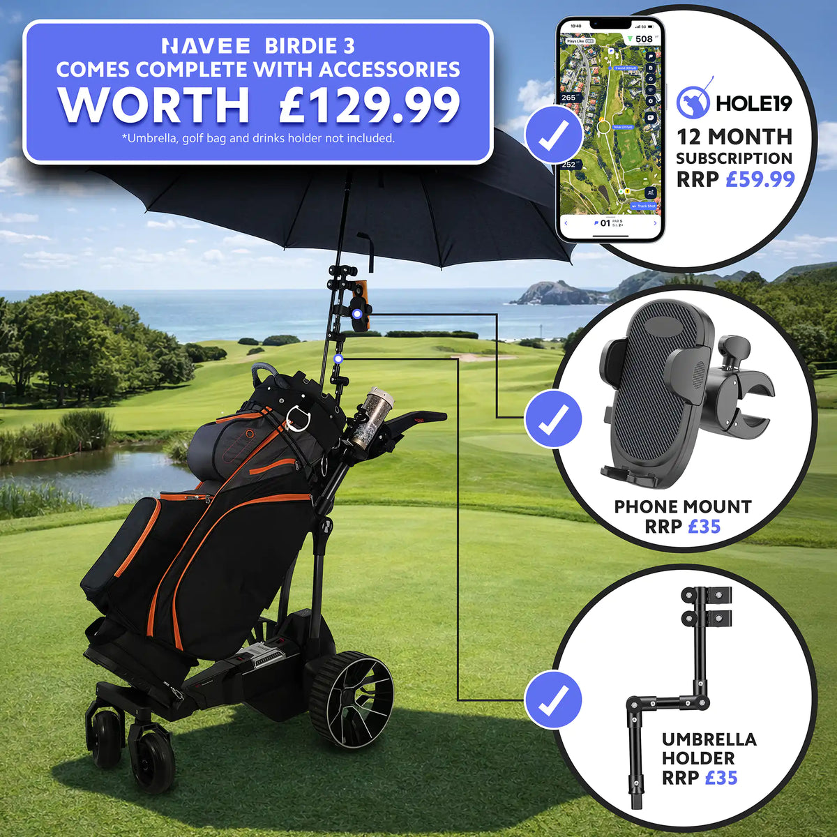 NAVEE Birdie 3X Remote + Follow Electric Golf Trolley