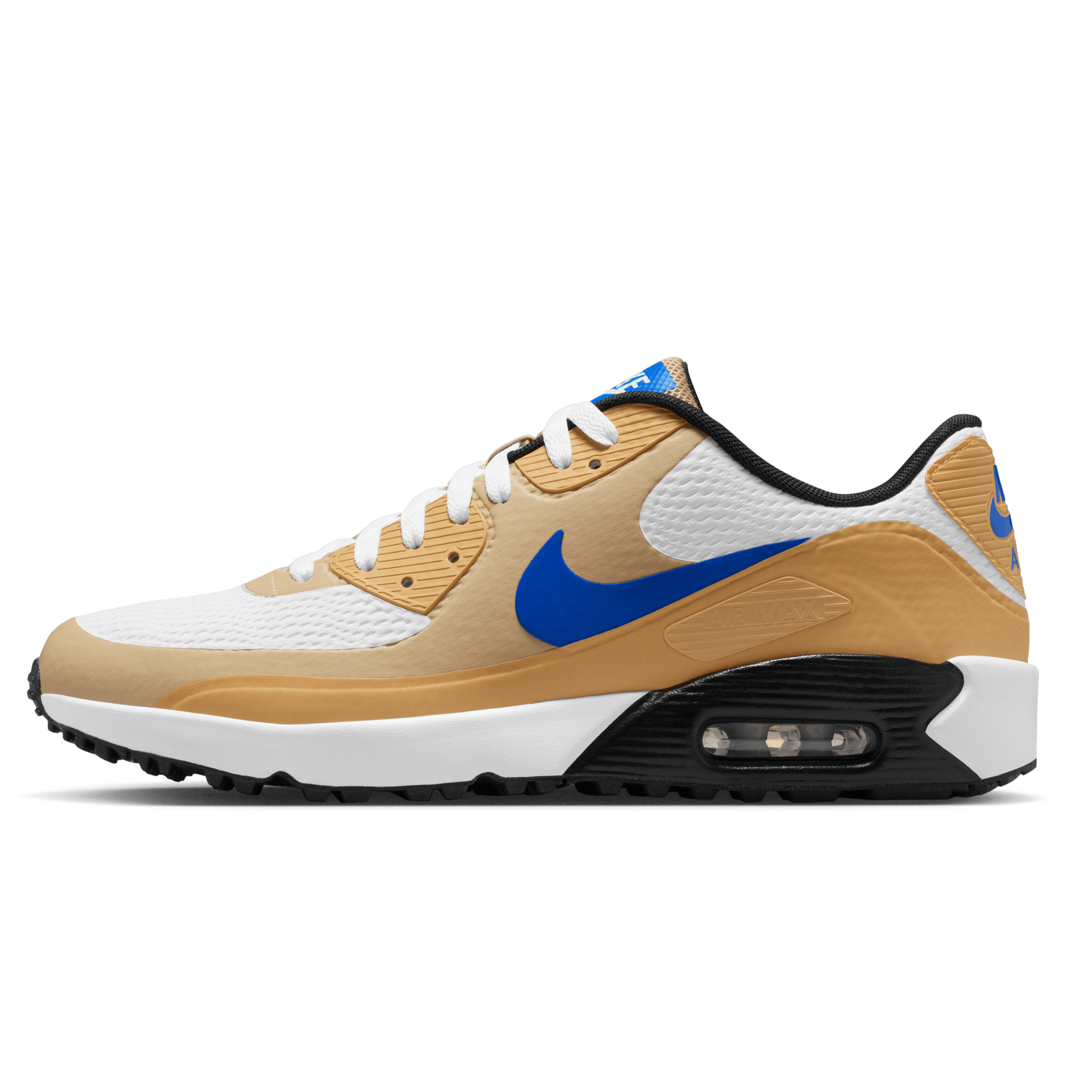 Nike Air Max 90 G side on view, with tan and blue trim