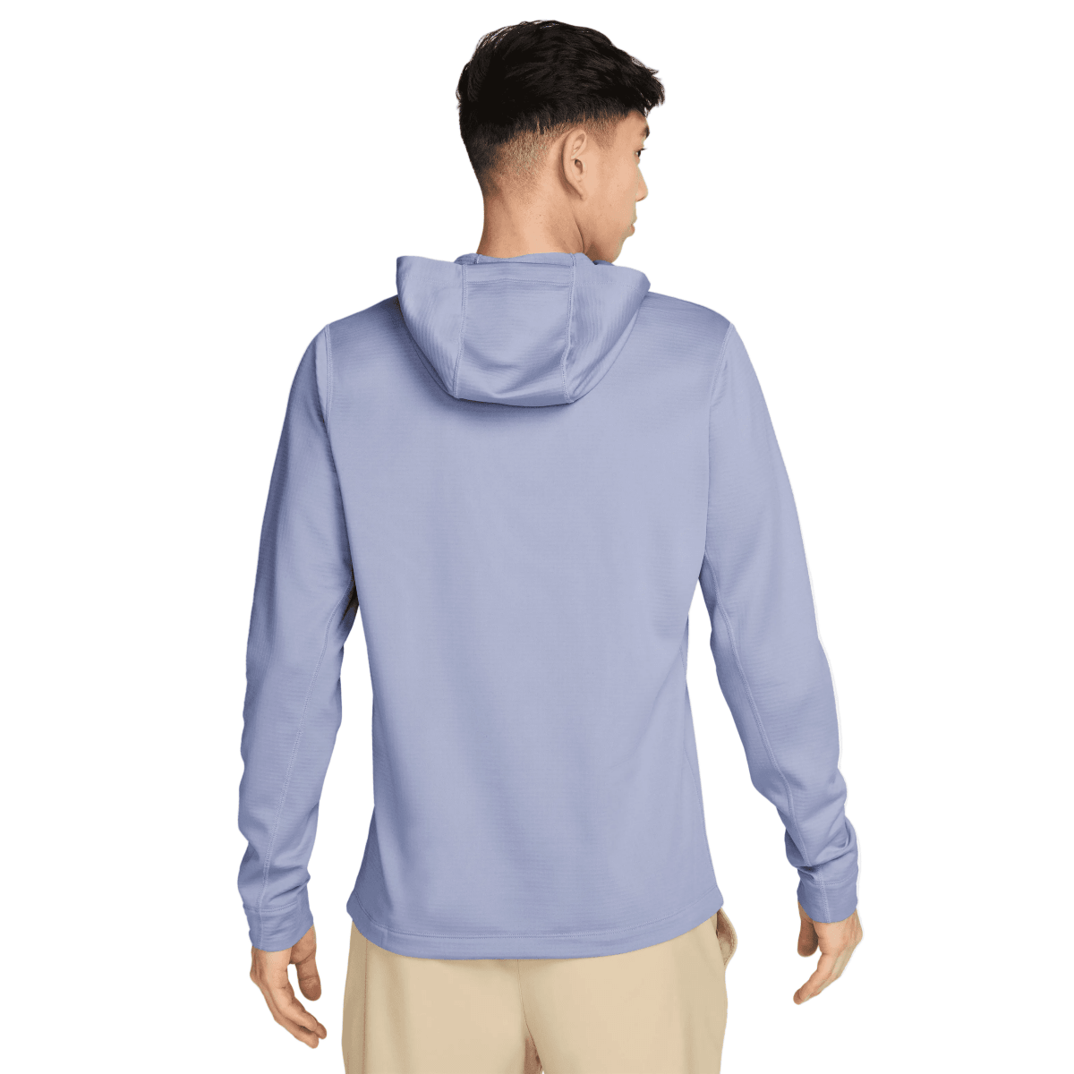 A man shown from the back wearing a light periwinkle blue hooded sweatshirt and beige pants, photographed against a clean white studio background.