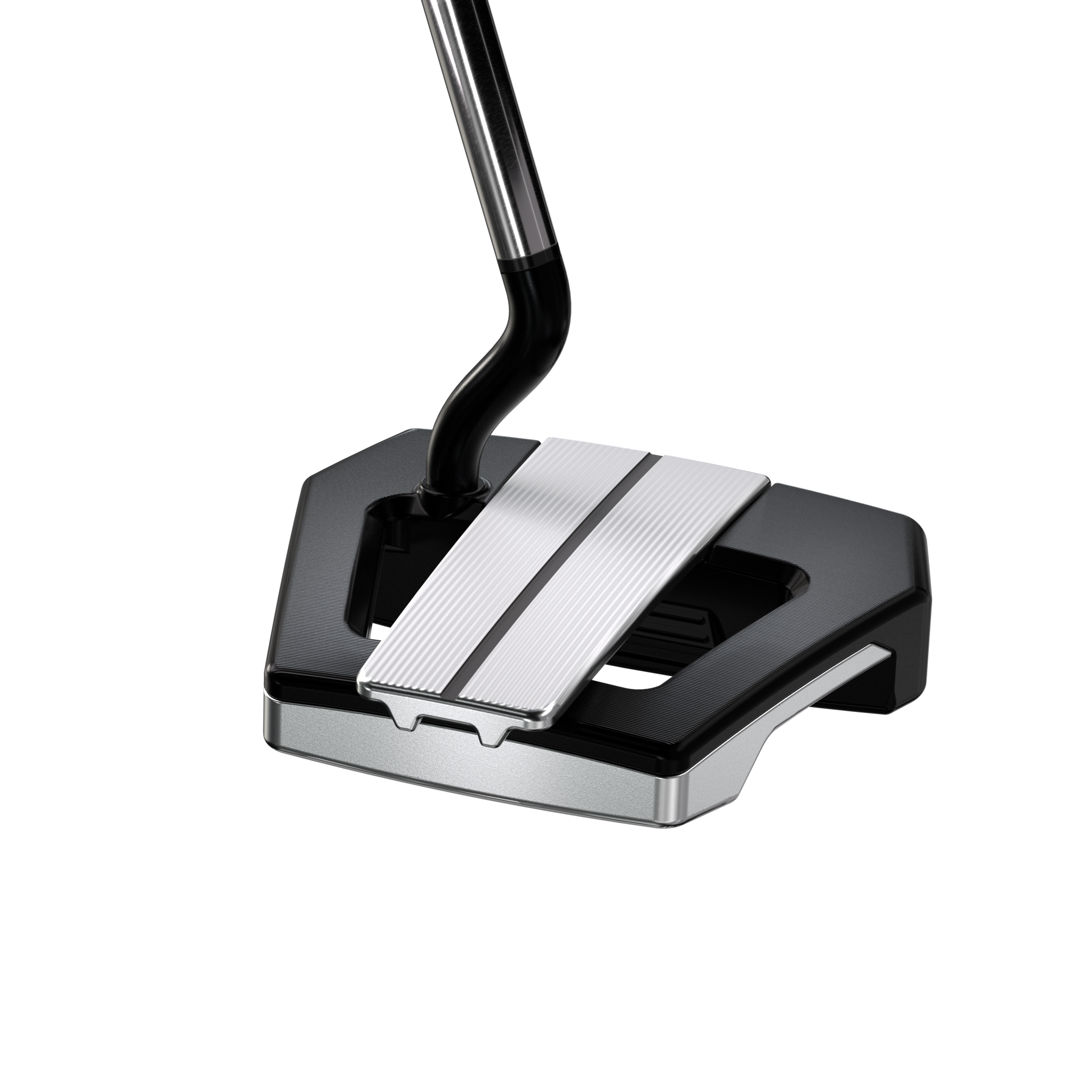 Golf putter with black and silver design on a white background