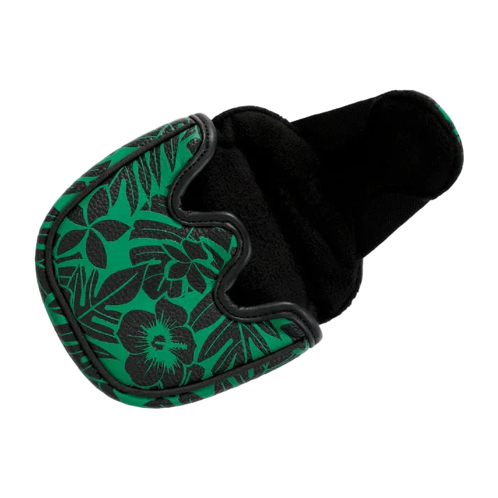 Green and black floral-patterned golf club head cover on a white background