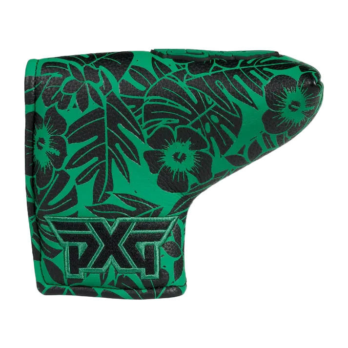 Green golf club head cover with black floral pattern and PXG logo on a white background