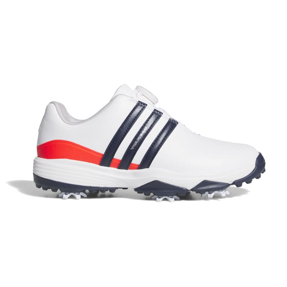 White golf shoe with red and blue accents on a white background