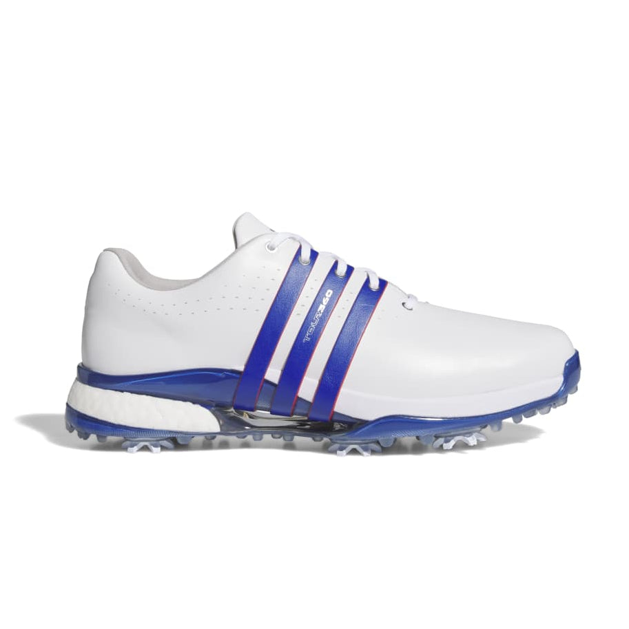 adidas Tour 360 Spiked Golf Shoes - White / Royal Blue / Scarlet