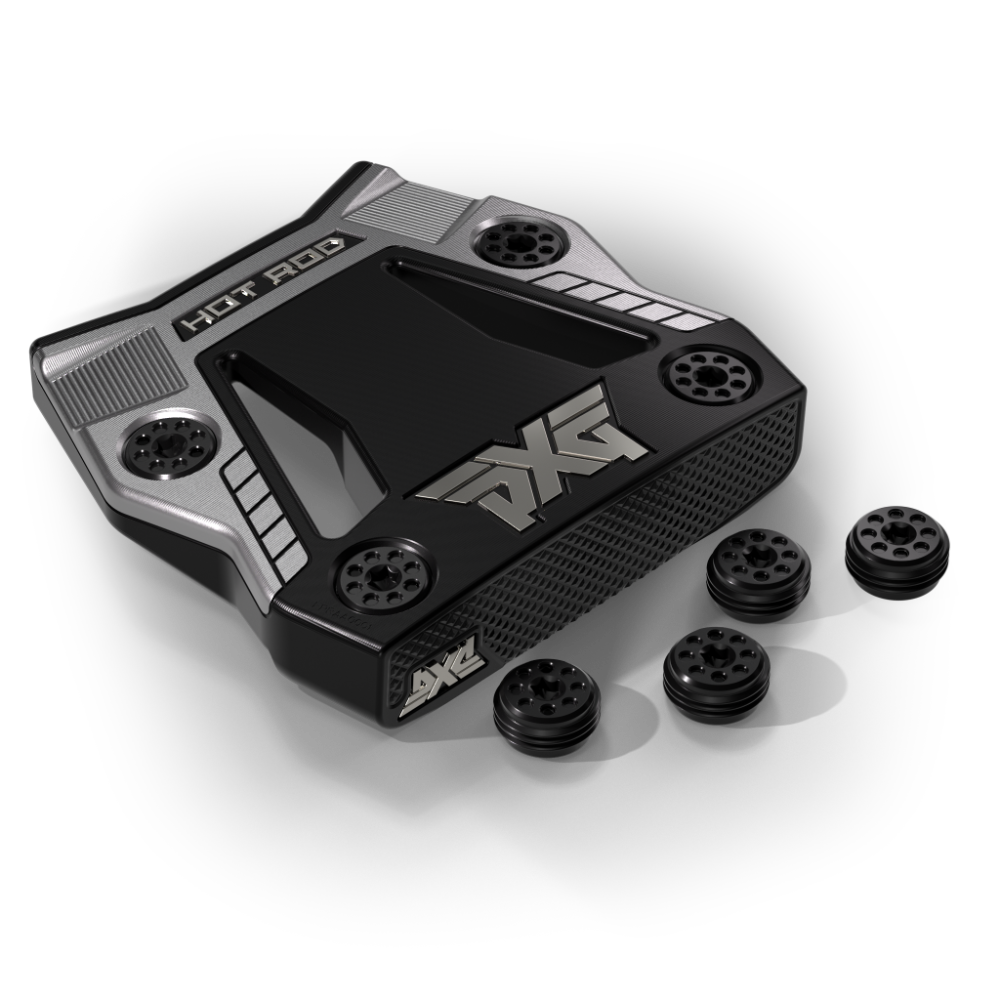 Black golf club heads with 'PXG' branding on a white background