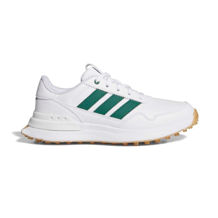 White Junior Adidas sneaker with green stripes on a white background