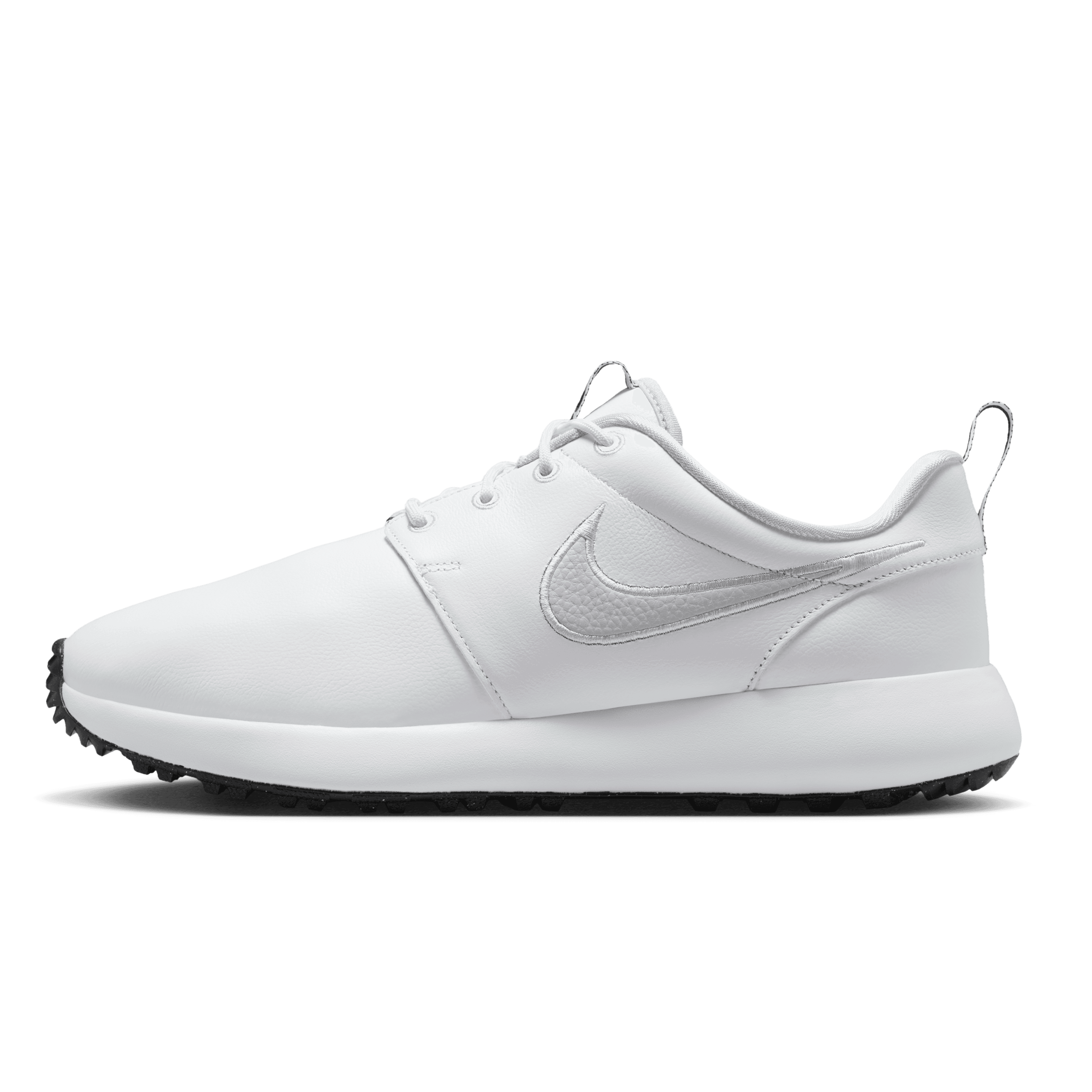 A white Nike low-top sneaker shown in a side profile against a solid dark teal background.