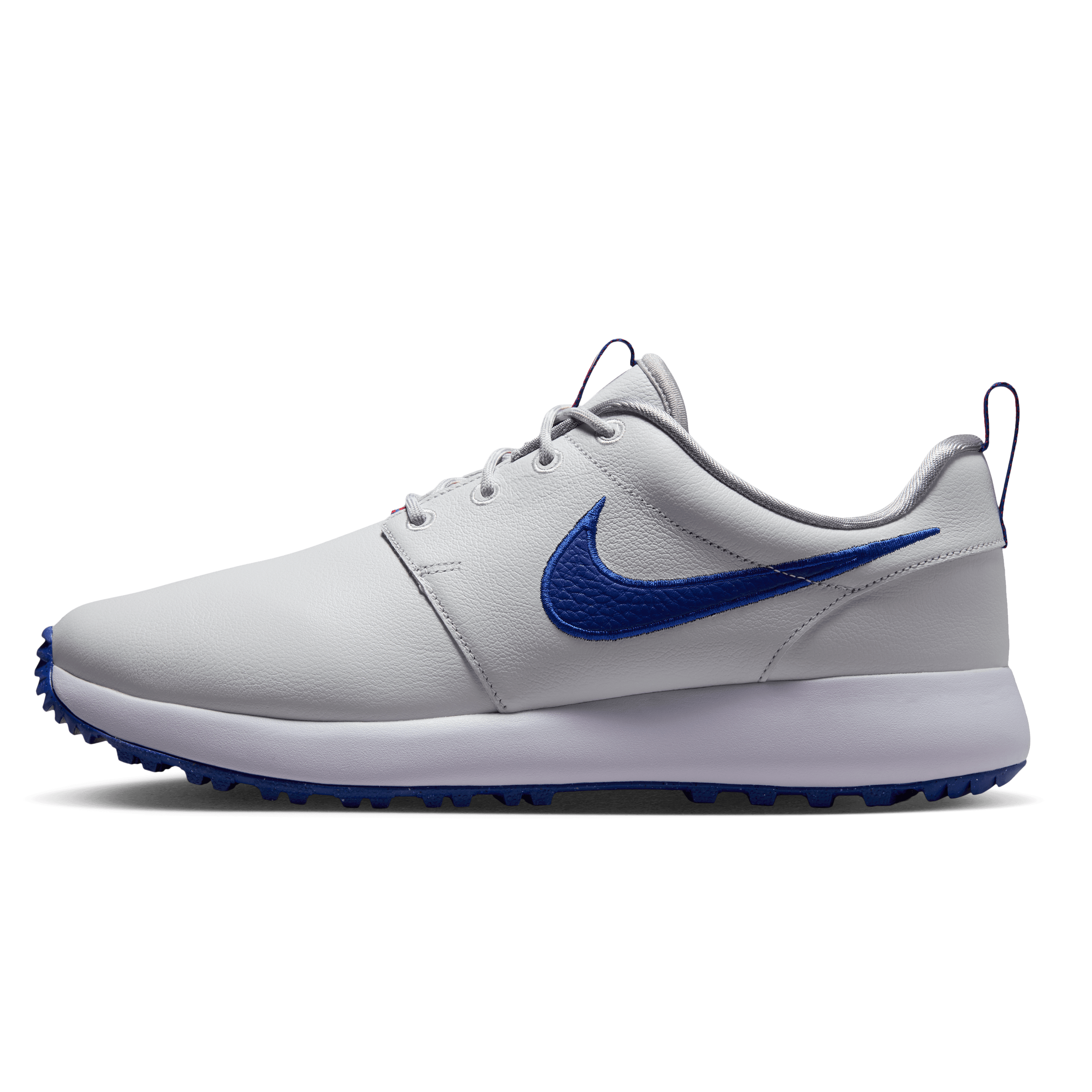 A Nike low-top shoe in light gray with a textured royal blue swoosh and matching blue accents on the sole and heel pull tabs, shown in a side profile on a white background.