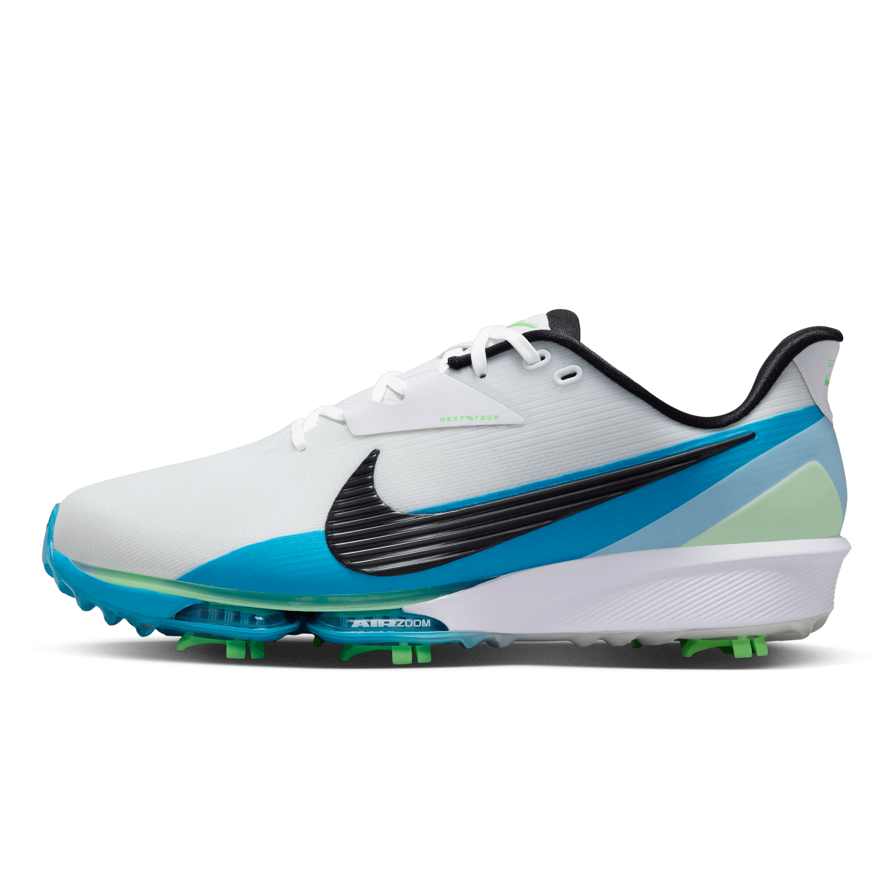 A Nike baseball cleat in white with a black Swoosh, bright blue accents, and lime green cleats, shown from a side profile on a dark slate background.