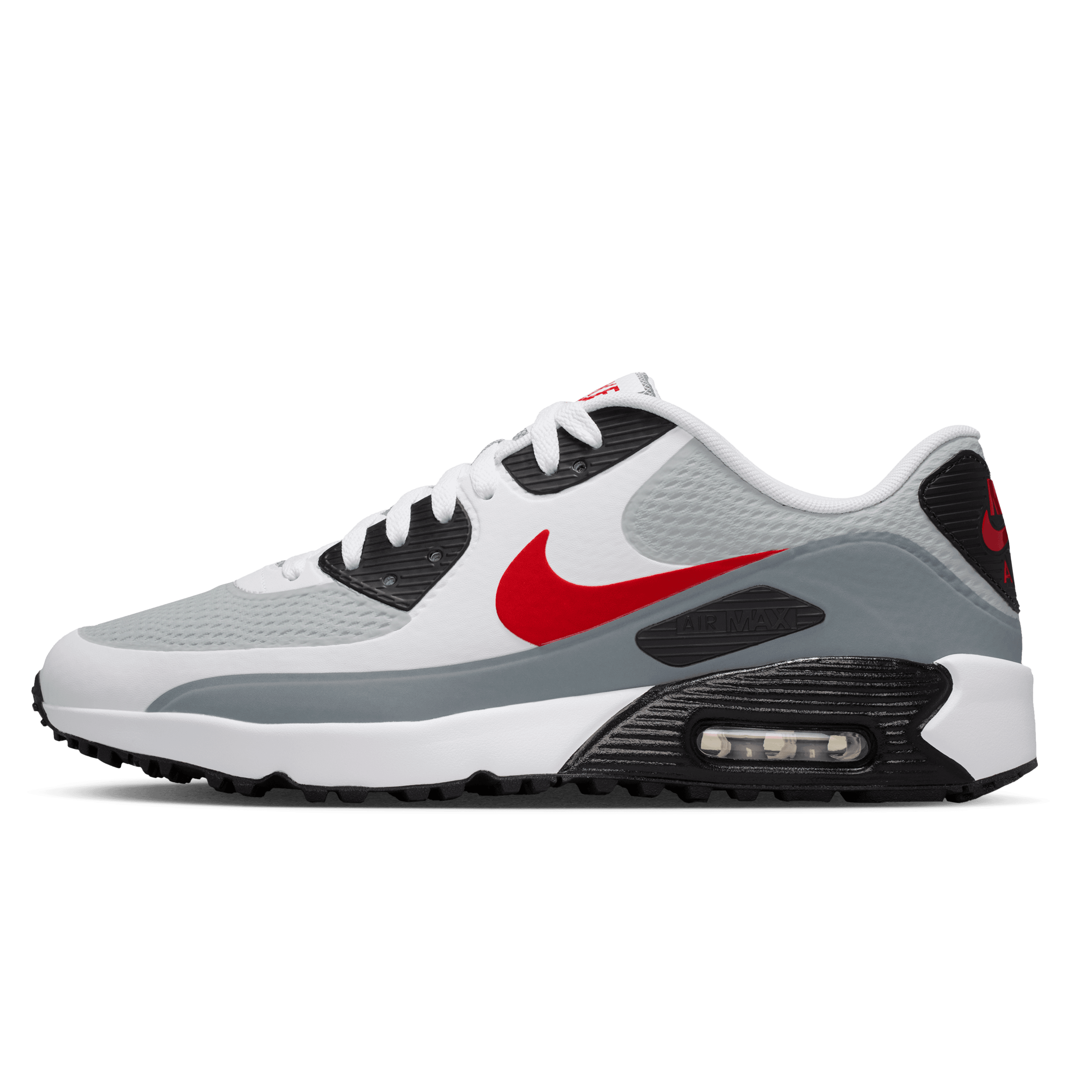 Gray and white sneaker with red Nike logo on a dark gray background