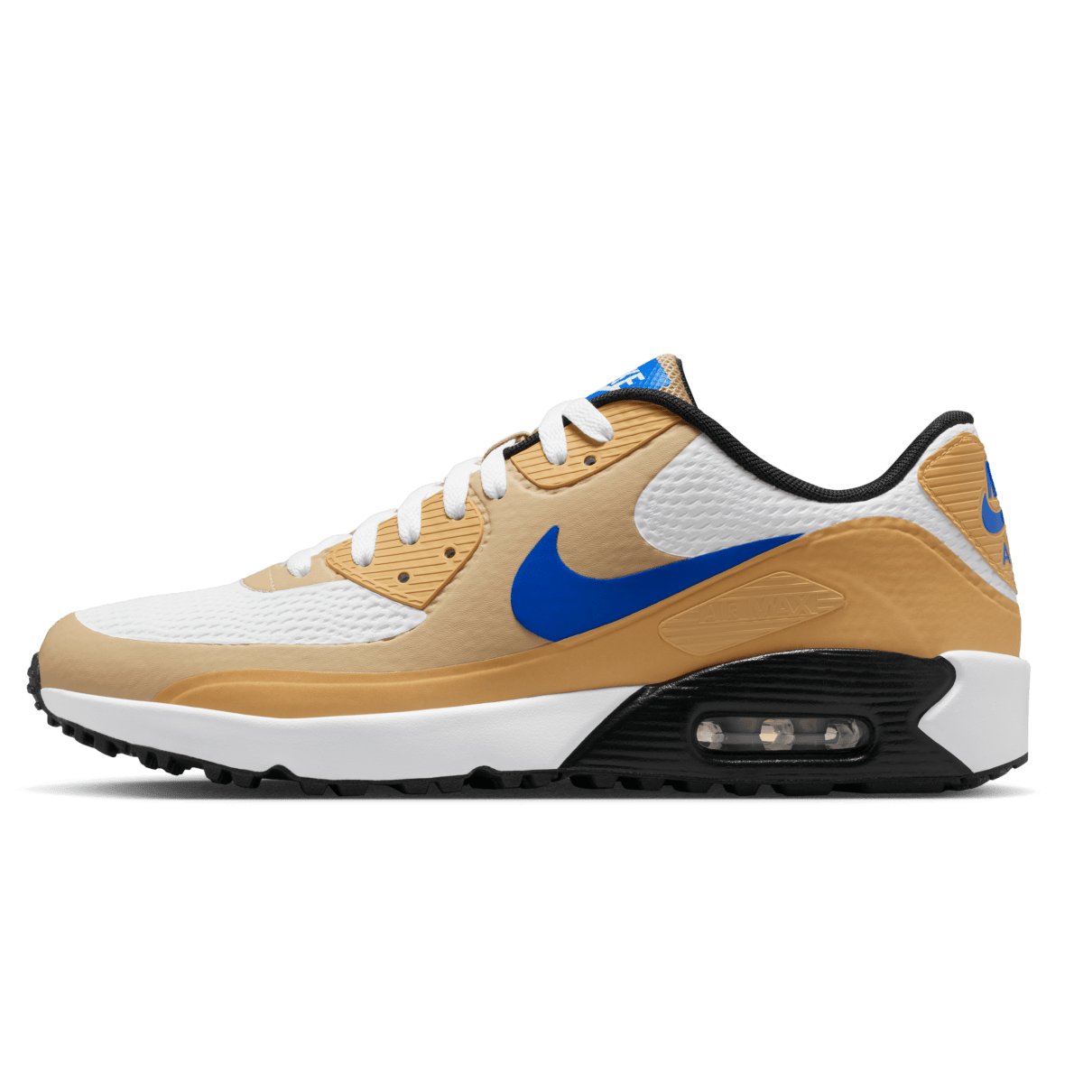 Nike Air Max 90 G side on view, with tan and blue trim