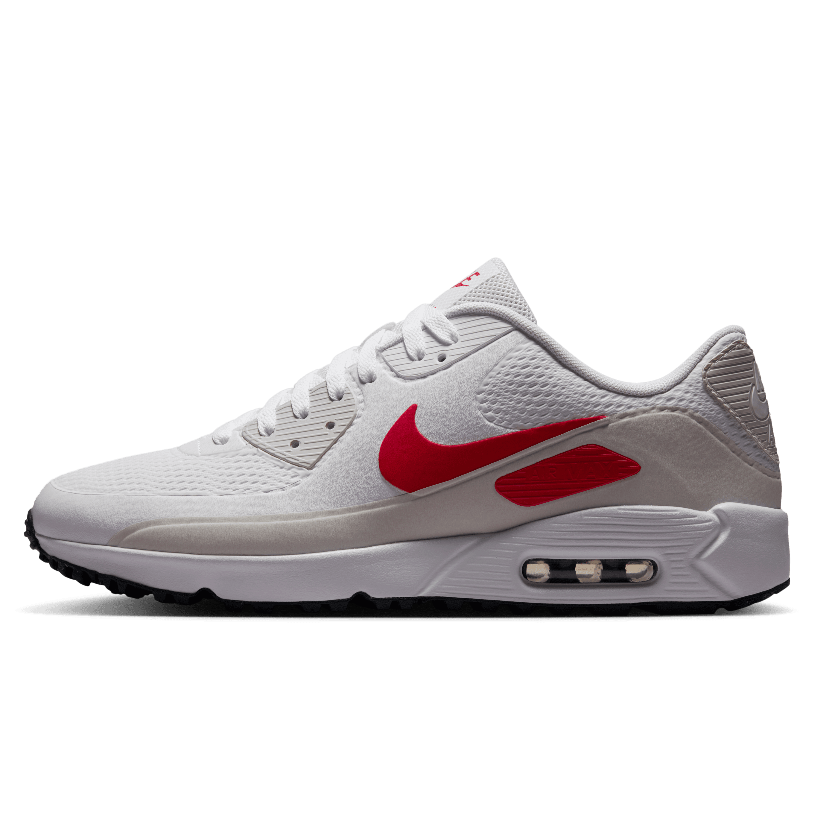 White sneaker with a red Nike logo on a gray background