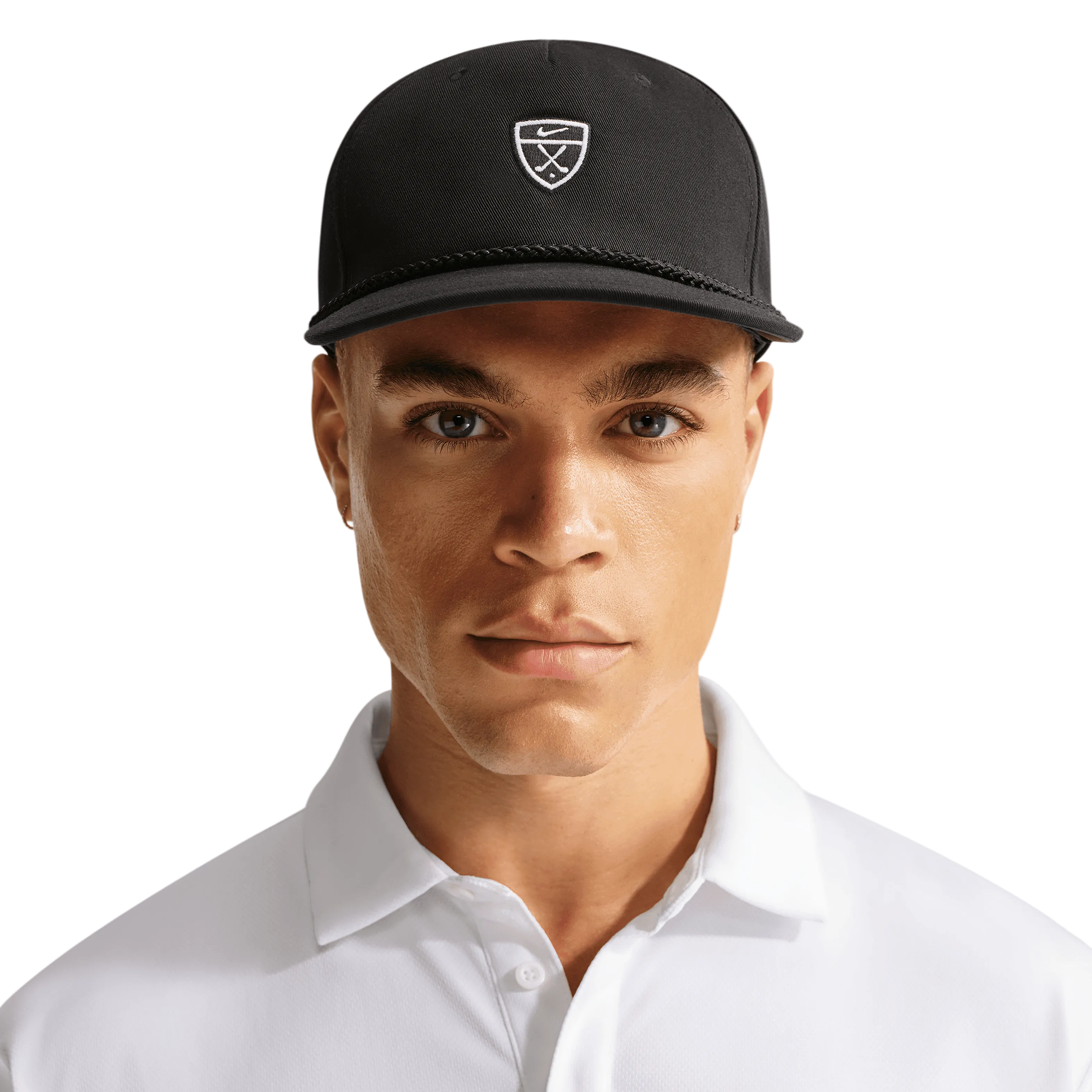 Man wearing a black cap with a logo on a white background
