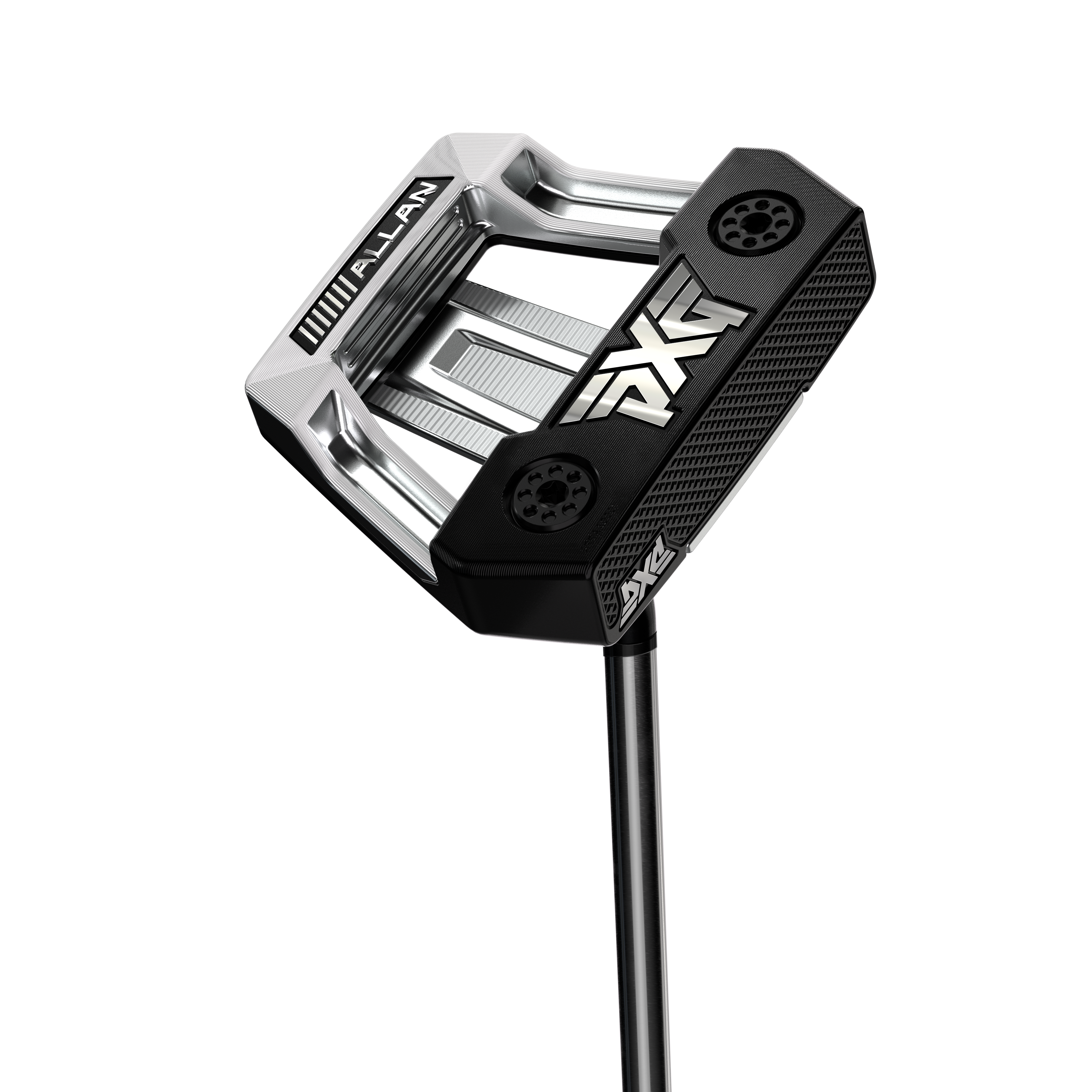 Golf putter head with black and silver design on a white background