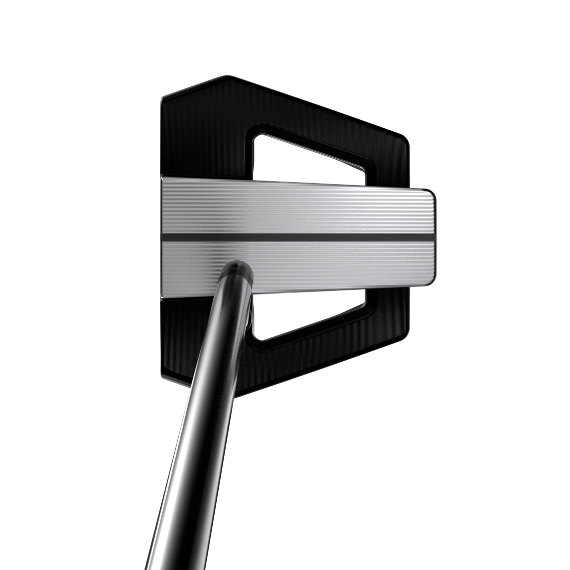 Close-up of a golf putter head with black and silver design on a white background