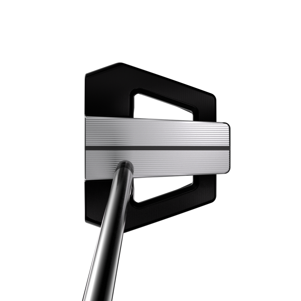 Close-up of a golf putter head with black and silver design on a white background