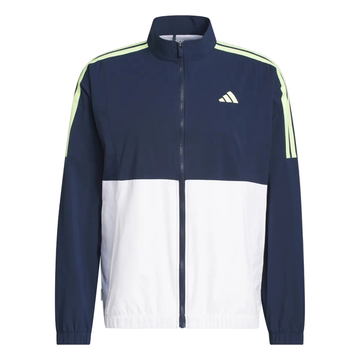 Navy and white jacket with Adidas logo on a light gray background
