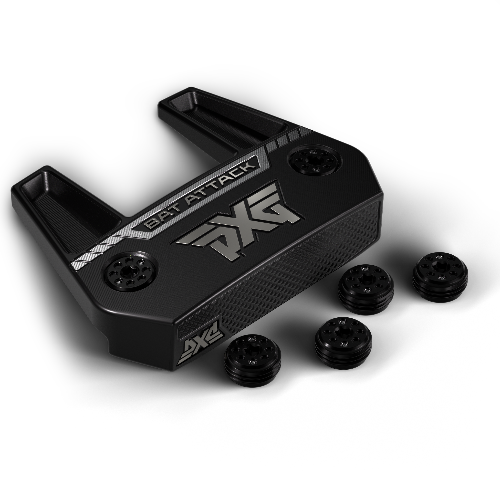 Black golf putter head with PXG branding on a white background