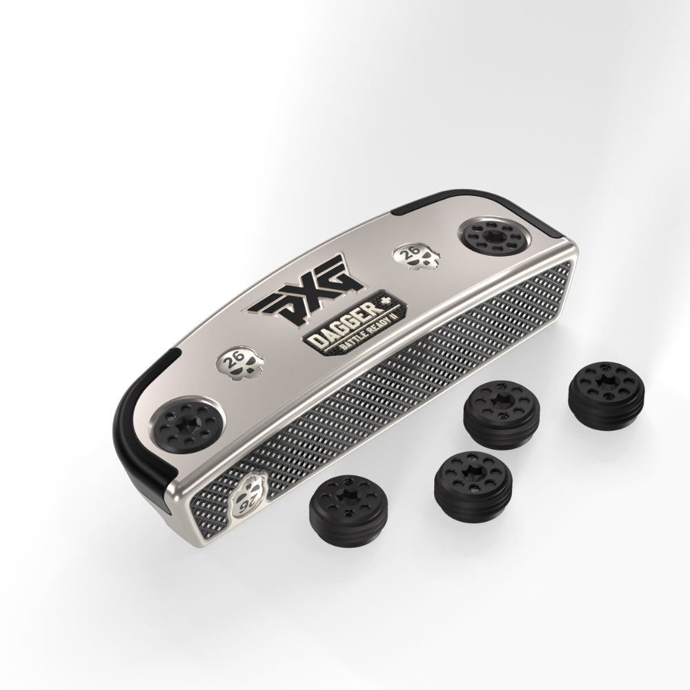PXG golf head with black weights on a white background