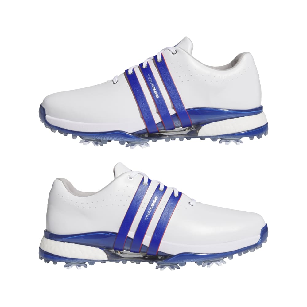 adidas Tour 360 Spiked Golf Shoes - White / Royal Blue / Scarlet