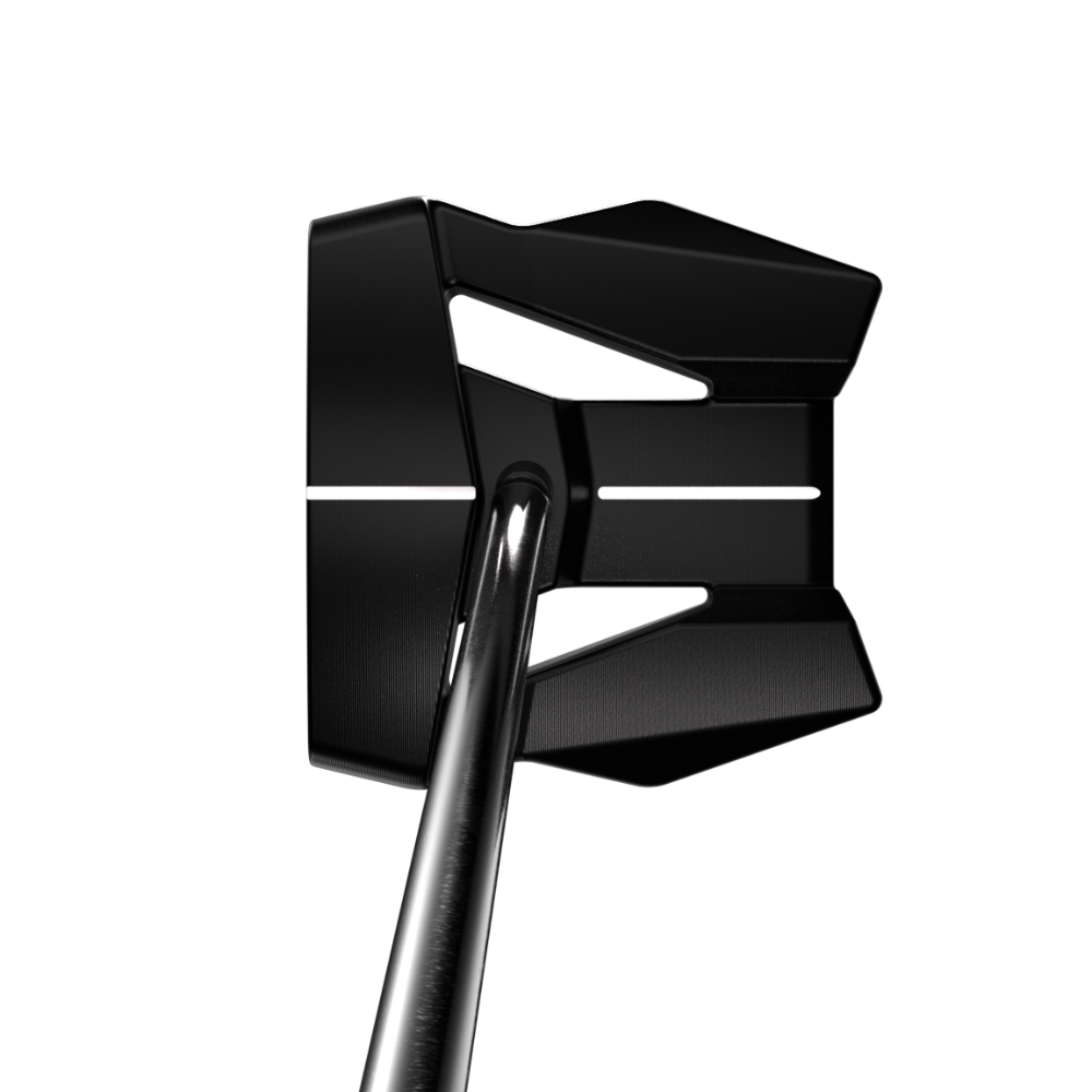 Black golf club head with a handle on a white background