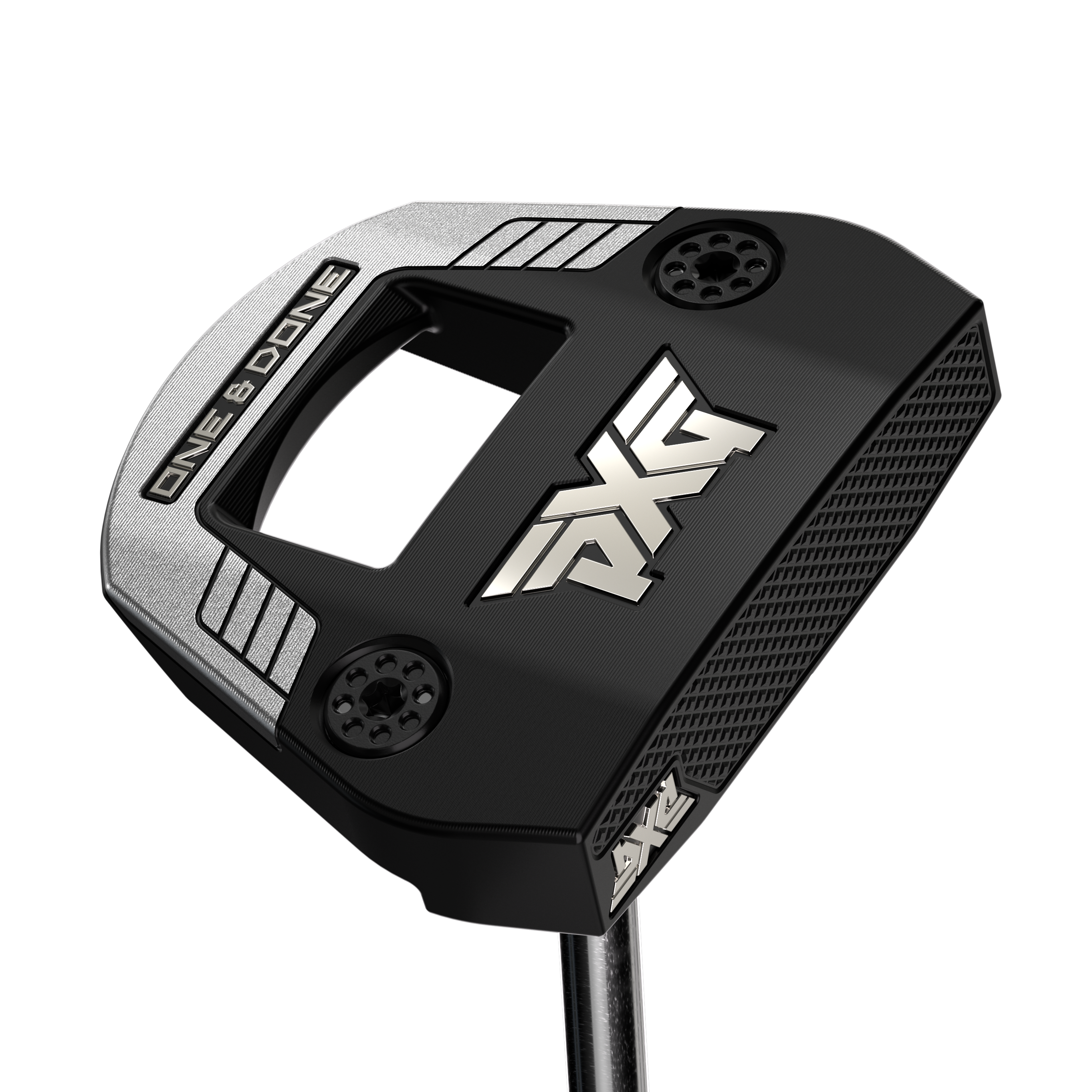 A close-up studio shot of a PXG golf putter head and part of its black shaft, featuring a black and silver head with white PXG branding.