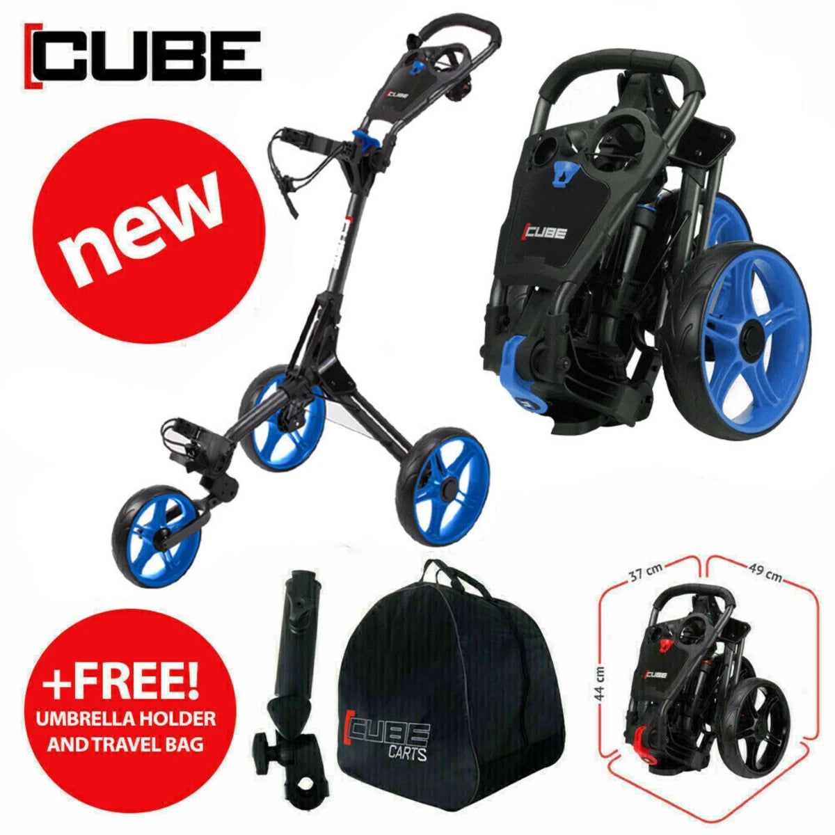 Cube Golf 3.0 Push 3 Wheel Trolley - Blue / White - Skymax
